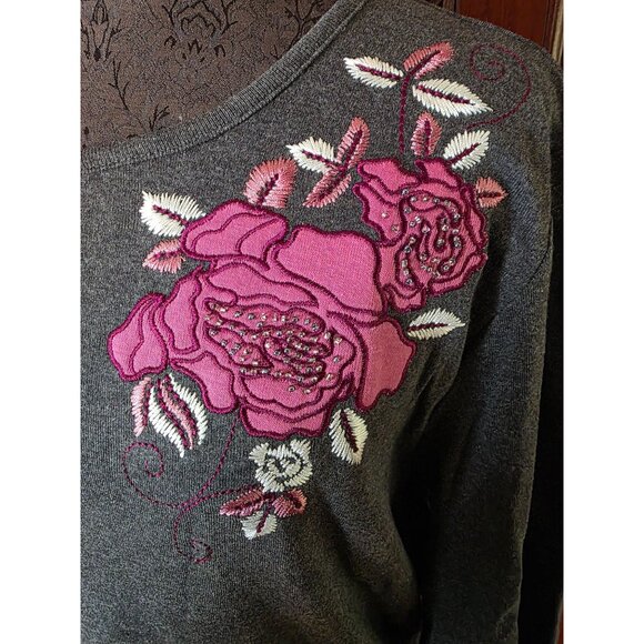 Karen Scott Womens Floral Embroidered Top Gray XL NWT - Picture 2 of 7